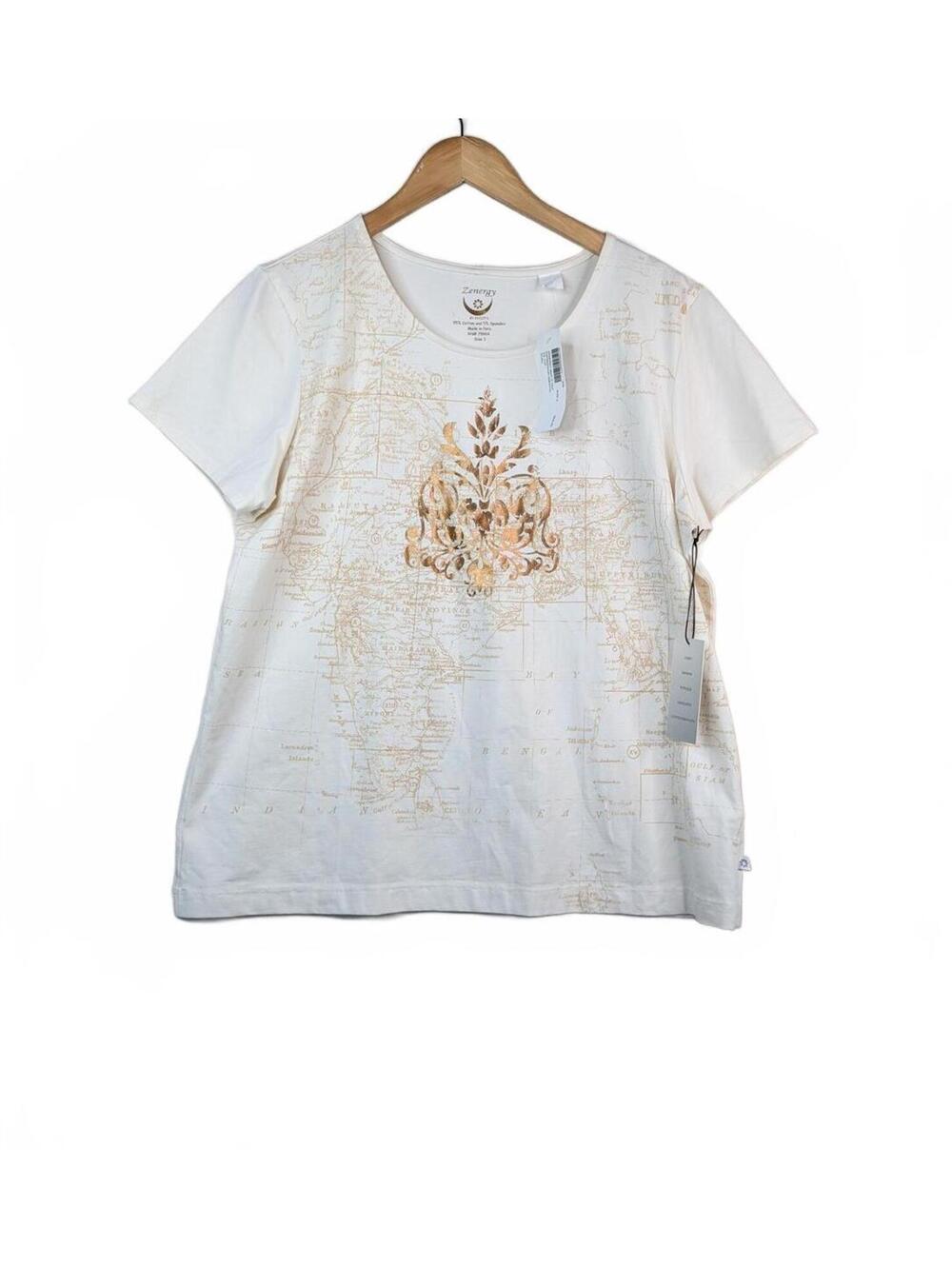 NWT Zenergy by Chico's White T-Shirt with Gold Map‎ Design, Size 3 or XL